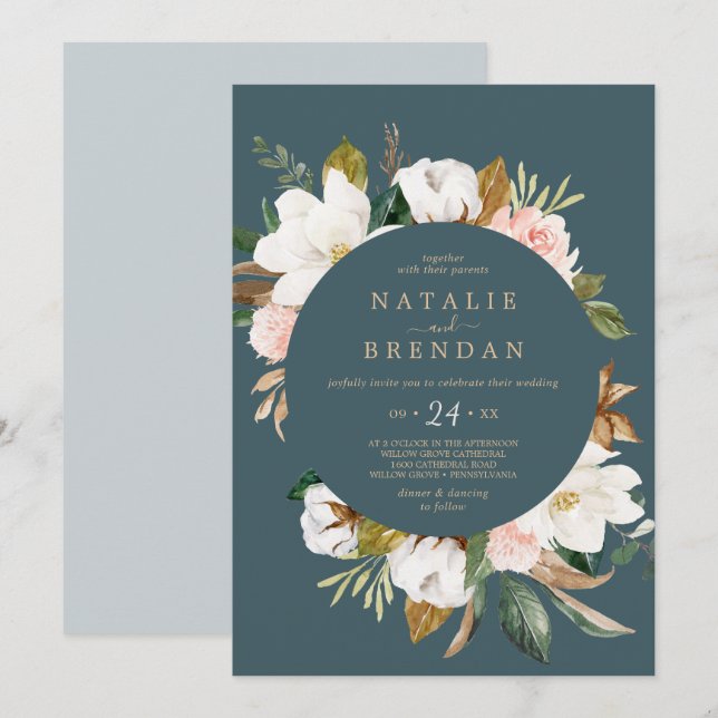 Invitation Élégant Magnolia | Mariage Décontracté Turquoise e (Devant / Derrière)