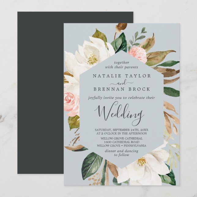 Invitation Élégant Magnolia | Mariage gris bleu (Devant / Derrière)