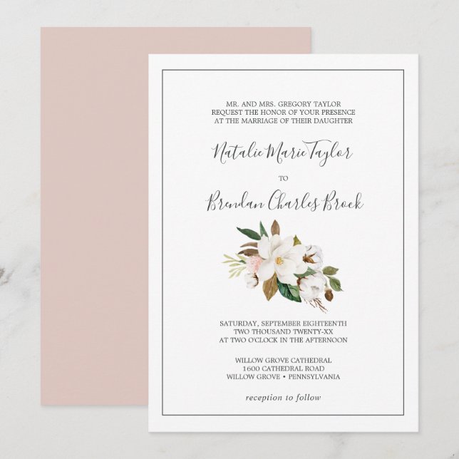 Invitation Élégant Magnolia | Mariage officiel blanc et blanc (Devant / Derrière)