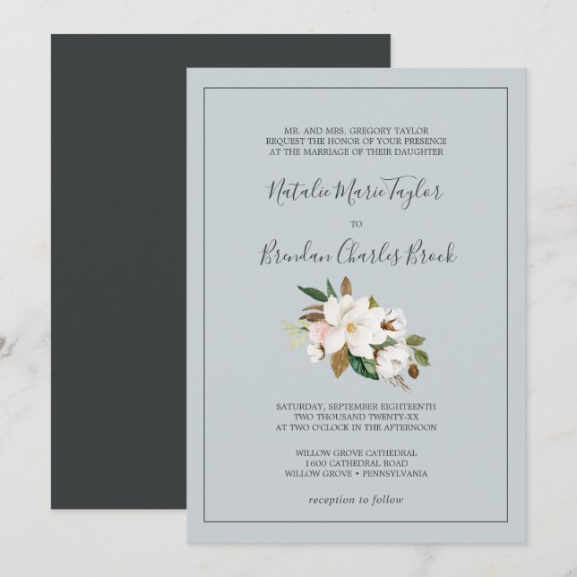 Invitation Élégant Magnolia | Mariage officiel gris bleu (Devant / Derrière)