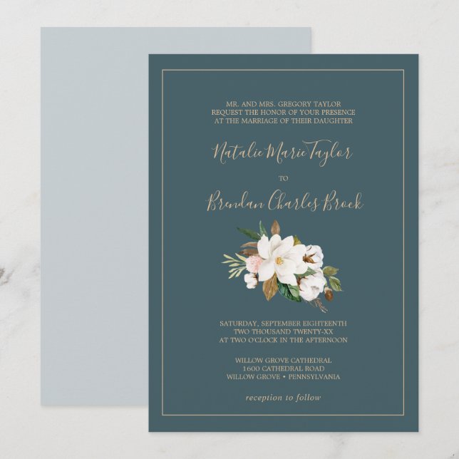 Invitation Élégant Magnolia | Mariage officiel Turquoise et b (Devant / Derrière)