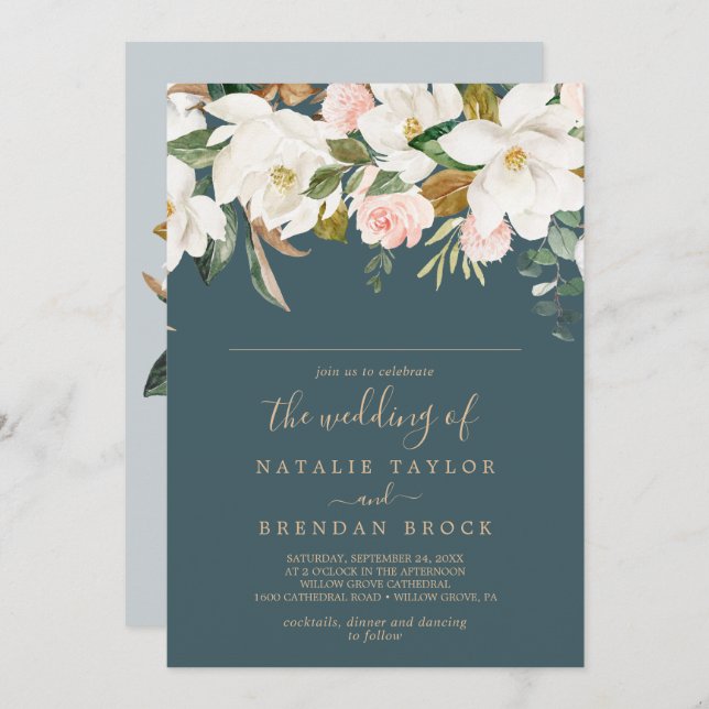 Invitation Élégant Magnolia | Mariage Turquoise de nom d'invi (Devant / Derrière)