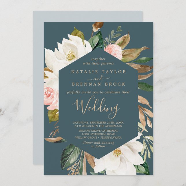 Invitation Élégant Magnolia | Mariage Turquoise et blanc (Devant / Derrière)