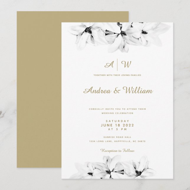 Invitation Élégant Magnolia Or Floral Chic Mariage (Devant / Derrière)