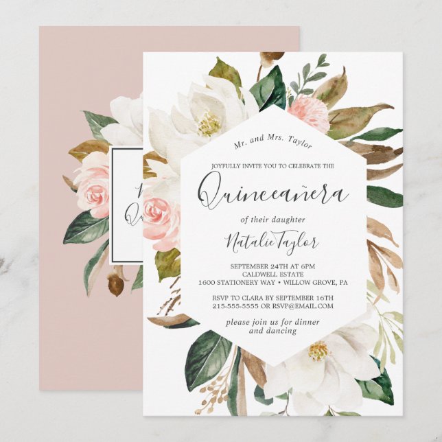 Invitation Élégant Magnolia | Quinceañera blanc et blanc (Devant / Derrière)