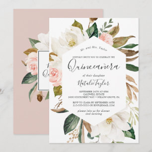 Invitation Élégant Magnolia Quinceañera blanc et blanc