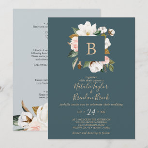 Invitation Élégant Magnolia   Turquoise & blanc tout en un Ma