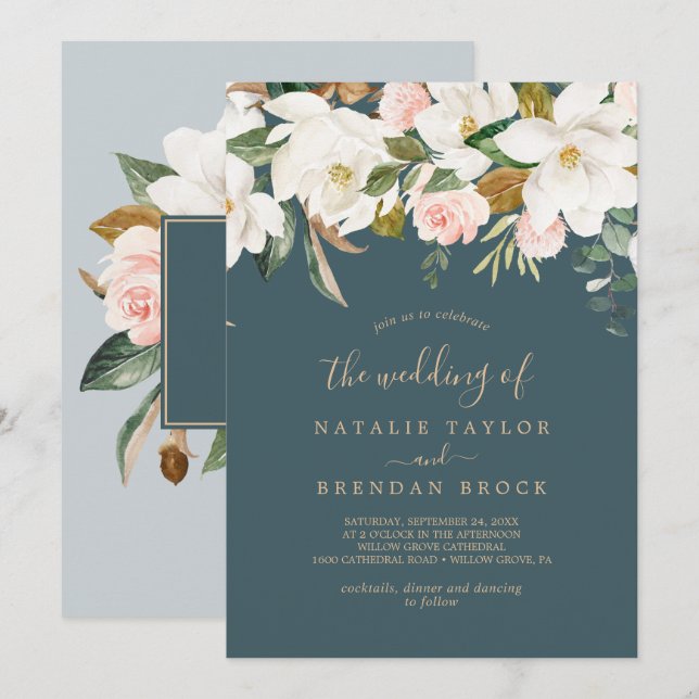 Invitation Élégant Magnolia | Turquoise et blanc Le Mariage d (Devant / Derrière)