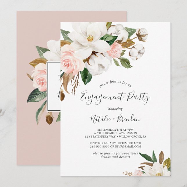 Invitation Élégant Magnolia White and Blush Engagement Party (Devant / Derrière)