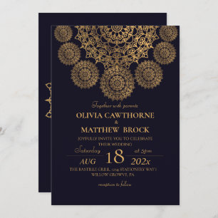 Invitation Élégant Mandala Gold Ornate Navy Mariage bleu