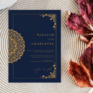 Invitation Elégant Mandala Navy et Mariage d'or