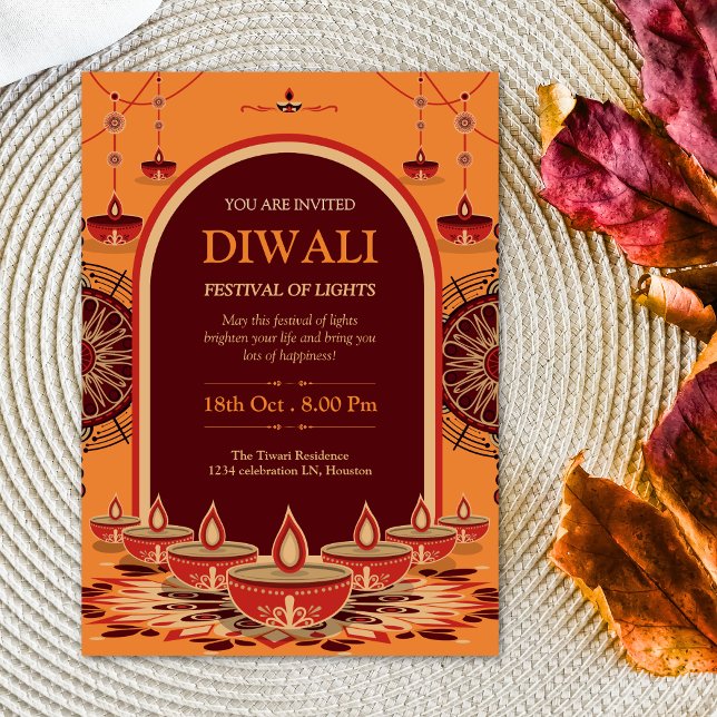 Invitation Elégant mandala orange Diwali Festival des lumière (Créateur téléchargé)