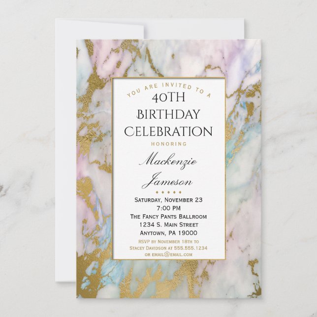 Invitation Elégant marbre bleu rose or Anniversaire Invitatio (Devant)