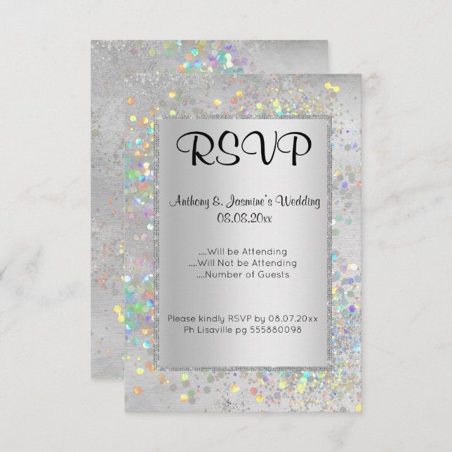 INVITATION ELEGANT MARBRE D'ARGENT HOLOGRAPHIQUE RSVP (Devant / Derrière)