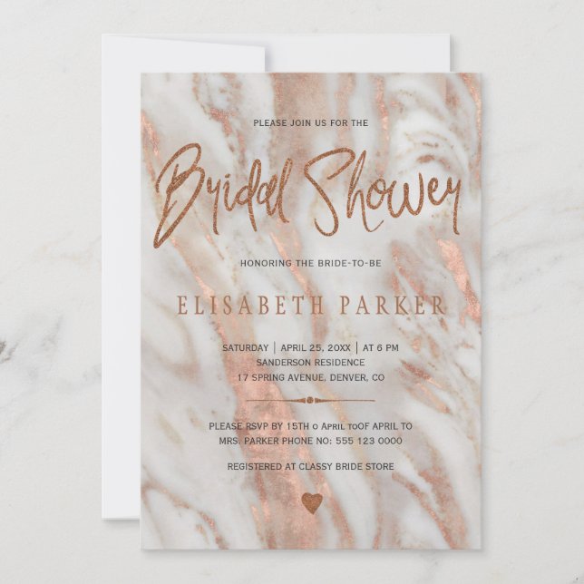 Invitation Elégant marbre luxe rose or nuptiale douche (Devant)