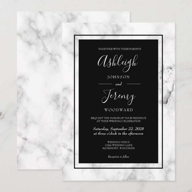 Invitation Élégant marbre moderne noir blanc Mariage (Devant / Derrière)
