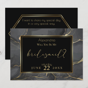 Invitation Élégant marbre noir et or Be My Bridesmaid