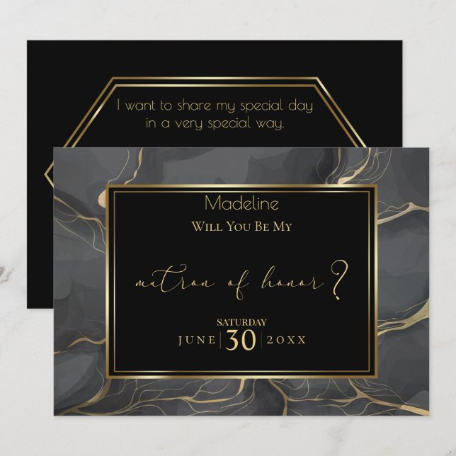 Invitation Élégant marbre noir et or Matron d'honneur (Devant / Derrière)