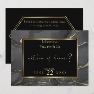 Invitation Élégant marbre noir et or Matron d'honneur
