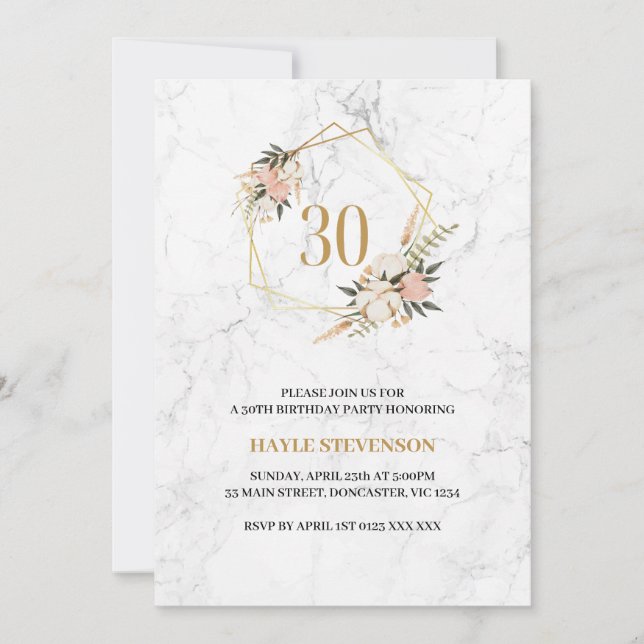 Invitation Elégant marbre rose floral 30e anniversaire (Devant)