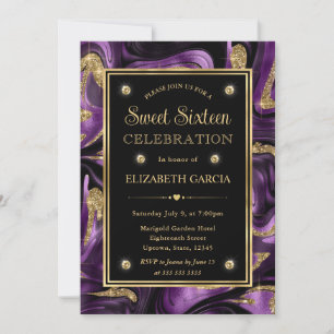 Invitation Élégant Marbre Violet Feuille D'or Sweet Sixteen