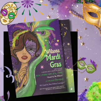Invitation Elegant Mardi Gras Masquerade Hand-drawn Portrait