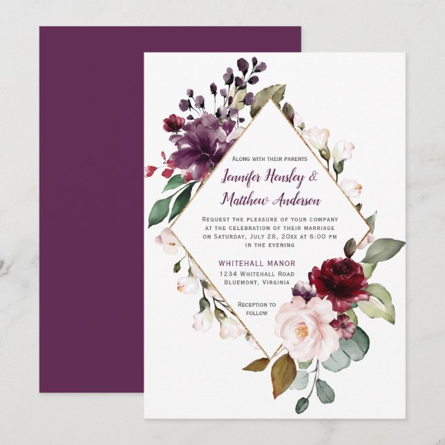 Invitation Élégant Mariage à charpente violet et rouge (Devant / Derrière)