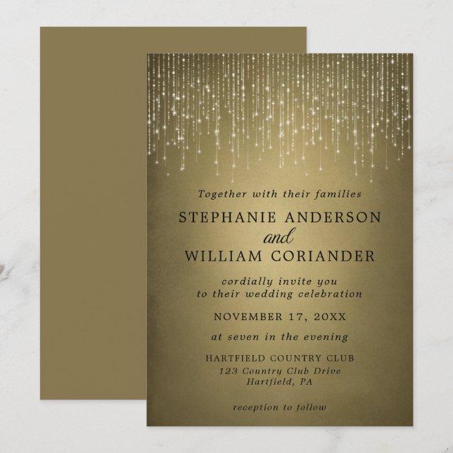 Invitation Élégant Mariage à cordes étincelantes or (Devant / Derrière)
