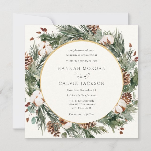 Invitation Élégant Mariage À feuillage persistant hiver (Devant)