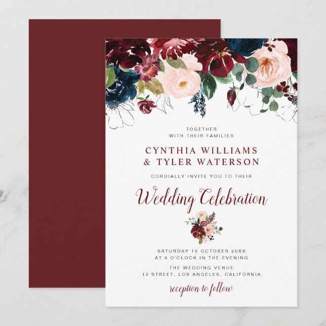 Invitation Élégant mariage à fleurs bordeaux et rousses (Devant / Derrière)