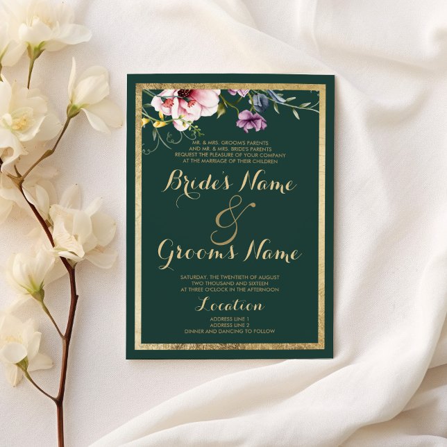 Invitation Élégant Mariage à fleurs vert de forêt or rose (Elegant forest green gold pink floral Wedding )