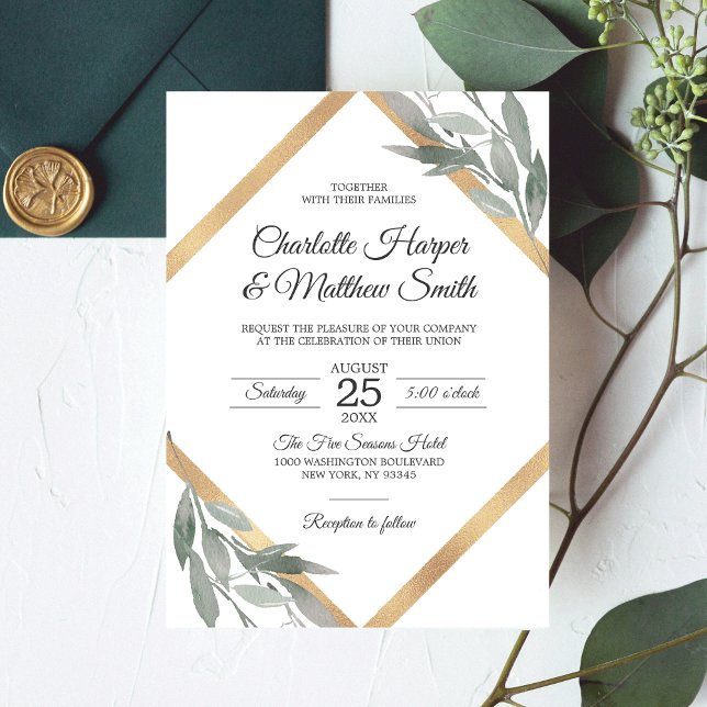 Invitation Élégant Mariage à huile d'or de la branche de feui (Créateur téléchargé)