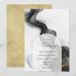 Invitation Élégant Mariage à l'Encre de Marbre Noir et Or