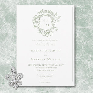 Invitation Élégant Mariage à Motif Chinois Vert Oiseau et Bla