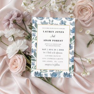 Invitation Élégant Mariage à motifs floraux bleu Dusty