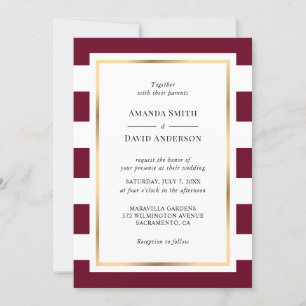 Invitation Elégant Mariage à rayures blanches et bordeaux or