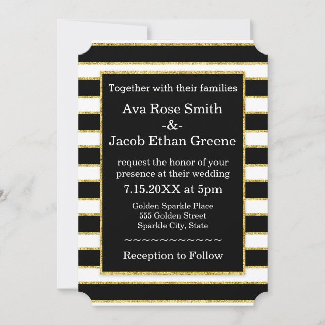 Invitation Élégant Mariage à rayures noir+blanc et à étincell (Devant)