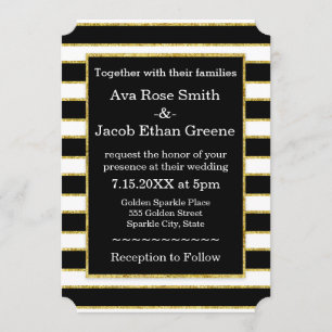 Invitation Élégant Mariage à rayures noir+blanc et à étincell