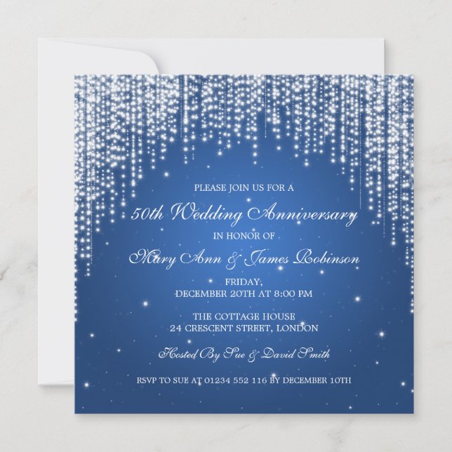 Invitation Elégant Mariage Anniversaire Nuit Éblouissant Bleu (Devant)