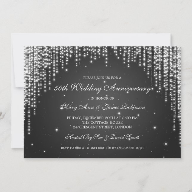 Invitation Elégant mariage Anniversaire Nuit Éblouissant Noir (Devant)