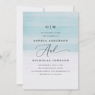 Invitation Élégant mariage aquarelle bleue   Écriture nautiqu