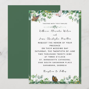 Invitation Elégant Mariage Aquarelle Floral Papillon Vert