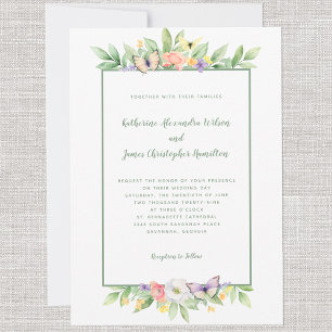 Invitation Elégant Mariage Aquarelle Floral Papillon Vert