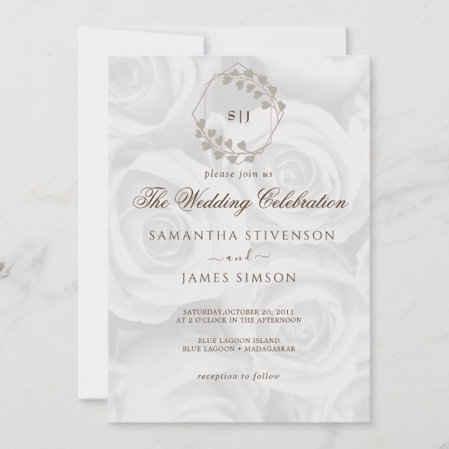 Invitation Élégant Mariage Arrière - plan de ROses blancs (Devant)
