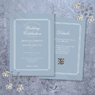Invitation Élégant mariage Art déco avec code QR bleu poussié