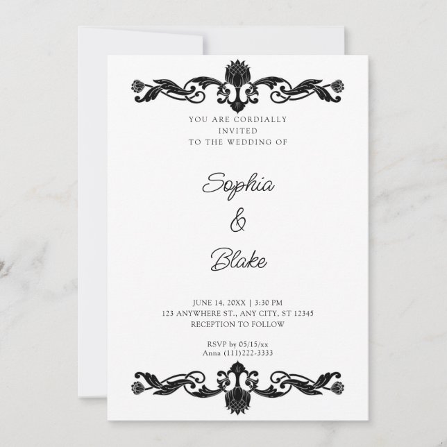 Invitation Elégant Mariage Art déco noir et blanc (Devant)