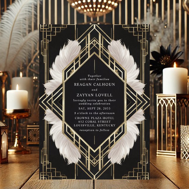 Invitation Élégant Mariage Art déco noir et or (Créateur téléchargé)