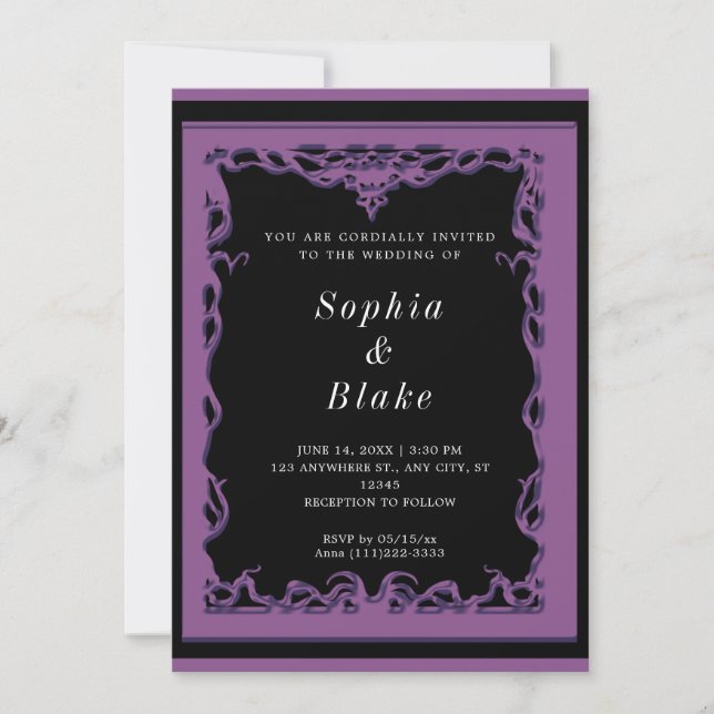 Invitation Elégant Mariage Art Déco noir et violet (Devant)