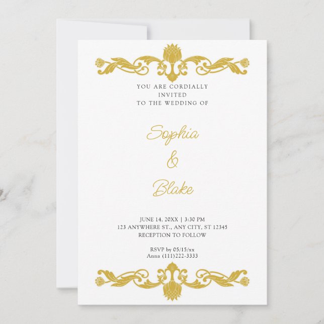 Invitation Elégant Mariage Art déco or et blanc (Devant)