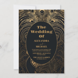 Invitation Elégant Mariage Art Déco Peacocks